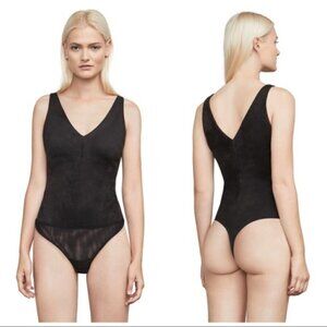 💕BCBGMAXAZRIA💕 Black Faux-Suede V-Neck Bodysuit Medium M NWT